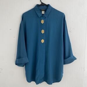 VTG REINA Shirt Womens 14 L 80's 90's Old Money Blue 3/4 Slve Embellished Tunic